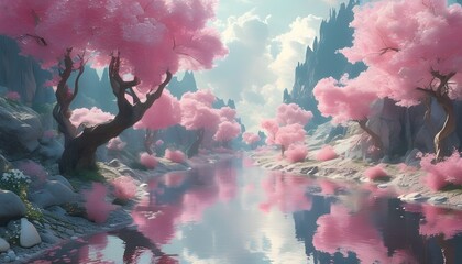 Poster - Whimsical pink landscape featuring a vibrant river and enchanting pink foliage