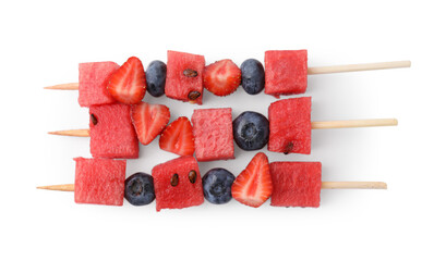 Poster - Skewers with tasty watermelon, blueberries and strawberries isolated on white, top view