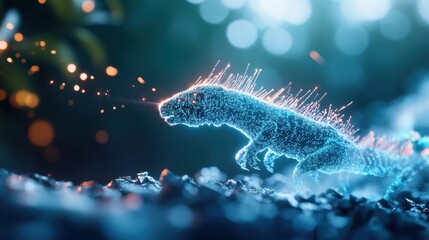 A mythical creature emerges from a digital screen, its body composed of code and circuits, a fantastical being born from the intersection of technology and imagination.