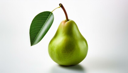 Green pear with leaf on white background