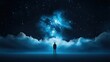 © MAY - A lone, surreal figure, shrouded in starlight, becomes a celestial illusion, a whisper of hope in the vastness of the universe, a reflection of the human spirit.