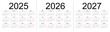 © craftswoman - Calendar grid for 2025, 2026 and 2027 years. Simple horizontal template in Russian language. Week starts from Monday. Isolated vector illustration on white background.