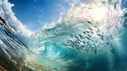 Wall Mural - a close-up of a wave with a school of fish visible beneath the surface, their movements creating rip