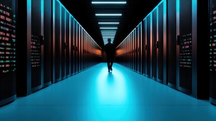 A modern data center with rows of servers, security cameras, and network cables, emphasizing the physical infrastructure behind cybersecurity.