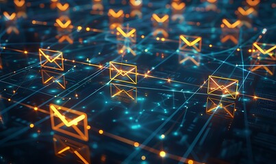 Poster - Conceptual Email Network with Glowing Lines Connecting Envelope Icons