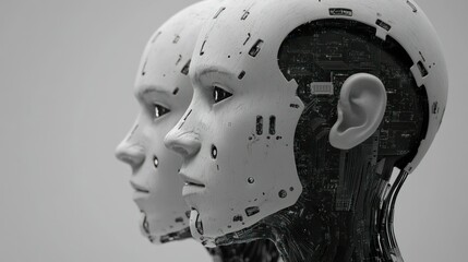 Two White Robot Heads with Exposed Circuitry