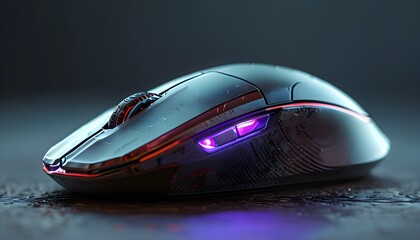 Futuristic mouse technology illuminated by vibrant purple light on a sleek dark background