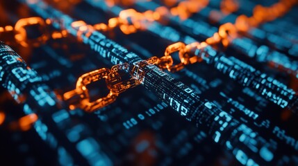 A glowing orange chain links with a blue digital code background.