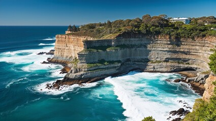 High-resolution landscape photograph showcasing a dramatic coastal cliffside. The image features a rugged, steep cliff with layers of exposed rock and lush green vegetation on top.