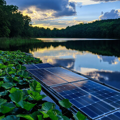 A floating solar farm in a lake 