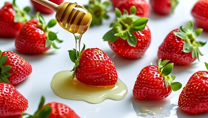 Wall Mural - Indulgent strawberries drizzled with honey on a clean white background