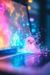 Cute water creature in a glowing aquarium, surrounded by vibrant colors and lights, creating a magical scene