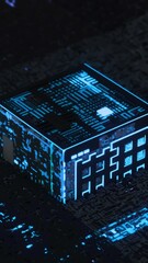 Wall Mural - neon futuristic cube. animation. high-tech background with neon cube rising from hole on surface lau
