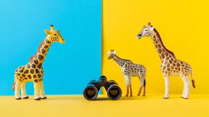 Wall Mural - A toy safari set with binoculars and animals on a blue and yellow background