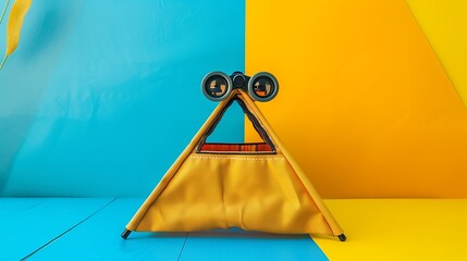 Wall Mural - A toy safari tent with binoculars on a blue and yellow background