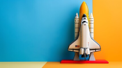 Wall Mural - A toy space shuttle with a launch pad on a blue and yellow background