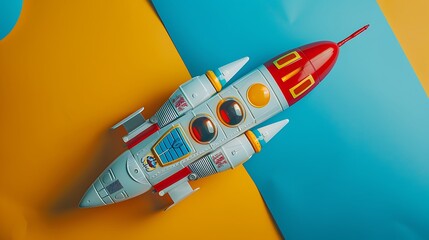 Wall Mural - A toy spaceship with a command center on a blue and yellow background