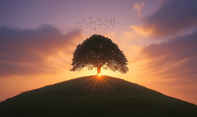 Wall Mural - A lone tree stands on a hilltop, silhouetted against a breathtaking sunset with a flock of birds flying overhead.