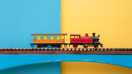 Wall Mural - A toy train with a bridge on a blue and yellow background