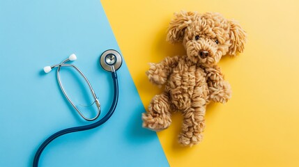 Wall Mural - A toy veterinarian set with a stethoscope on a blue and yellow background