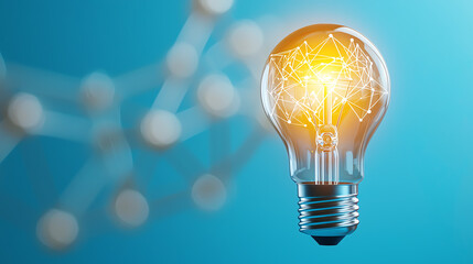 Wall Mural - illuminated light bulb with a glowing filament on a soft blue background, symbolizing innovation and
