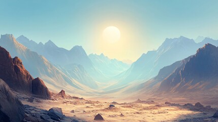 Wall Mural - A scenic view of a mountain range with a bright sun in the sky.