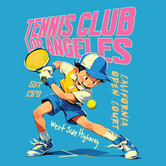 boy plays hand tennis in cartoon style, Tennis club vector t-shirt design. New York tennis league graphic print design. Racket tournament. Tennis college league. Retro varsity tennis logos prints.