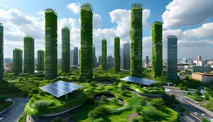 Wall Mural - Sustainable Urban Planning: Blueprint for Eco-Friendly Skyscrapers with Green Rooftops and Solar Energy Solutions