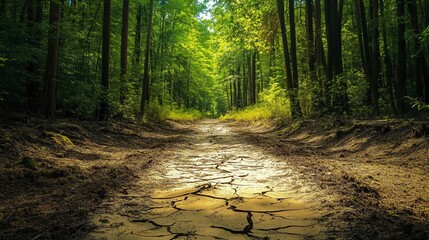 Sticker - A sun-drenched path winds through a dense green forest, leading to a clearing. The path is cracked and dry, creating a unique texture.