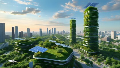 Wall Mural - Sustainable Urban Planning: Blueprint for Eco-Friendly Skyscrapers with Green Rooftops and Solar Energy Solutions