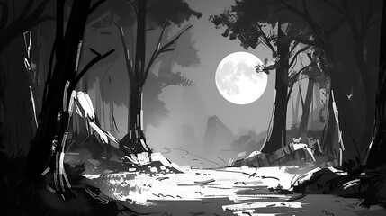 Wall Mural - black white sketch depicting a mysterious moonlit forest with towering trees and a path leading into