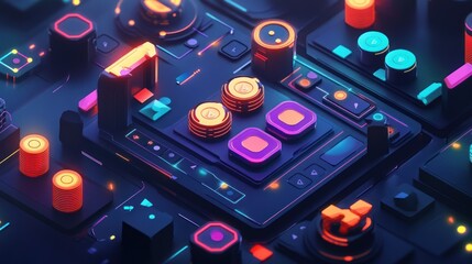 Abstract Futuristic Interface with Glowing Buttons and Neon Lights