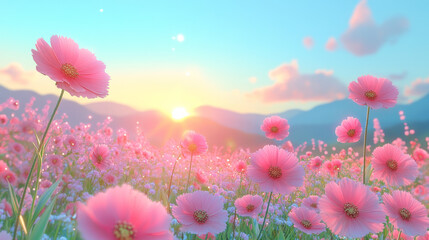 Wall Mural - Pink cosmos flowers bloom in a field at sunrise.