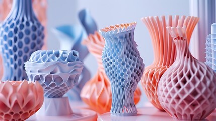 Canvas Print - Close-up view of a group of abstract 3D rendered vases with intricate geometric patterns in pastel blue and pink tones.