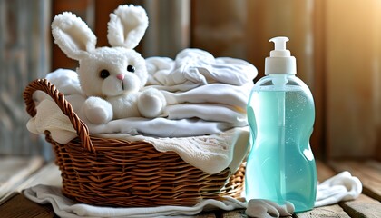 Charming basket of laundered white baby clothes alongside a cuddly bunny toy and essential laundry supplies