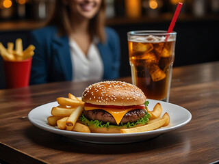 studio photograph burger with drink	