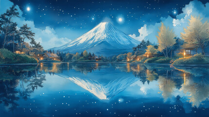 Canvas Print - A serene night scene with a mountain reflecting in a still lake.