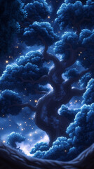 Wall Mural - A large tree with blue foliage glows under a starry night.