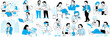 © jesadaphorn - Cute character illustration doodles of business people using gadgets while working and communicating. Outline, thin line art, linear, hand drawn sketch design, simple style.