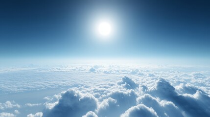a serene view above the clouds, with a deep blue sky and a small bright sun