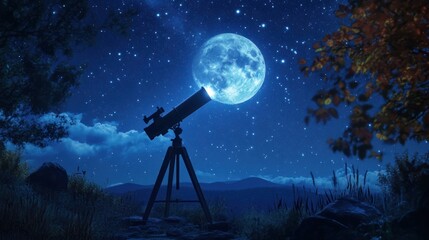 Wall Mural - a mesmerizing view of a telescope illuminated under the full moon, surrounded by a starry sky and tr