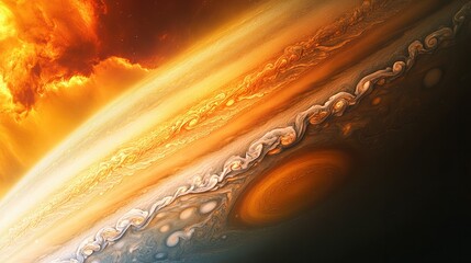 Wall Mural - a panoramic view of jupiter cloud systems, showcasing its vibrant, multicolored atmosphere with gas 