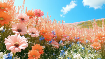 Sticker - A field of pink and orange flowers under a blue sky