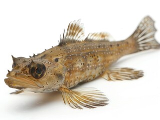 Mudskipper fish on white background, highlighting fins, orange spots, and amphibious features, isolated and detailed.
