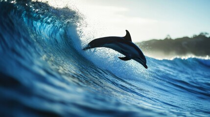 Wall Mural - a close-up of a wave with a dolphin leaping through the water, the animal's motion adding a sense of