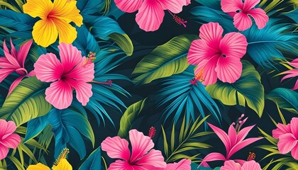 Wall Mural - Exotic Tropical Floral Design with Pink and Yellow Hibiscus Flowers Against a Dark Background with Lush Blue and Green Leaves