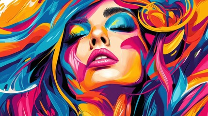 Poster - Vibrant illustration showcasing a womans face with colorful hair, blending graffiti art with a clean, fresh background.