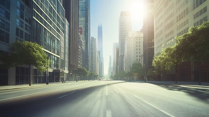 Sticker - Empty city street with tall buildings and bright sunlight.