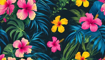 Wall Mural - Exotic Tropical Floral Design with Pink and Yellow Hibiscus Flowers Against a Dark Background with Lush Blue and Green Leaves