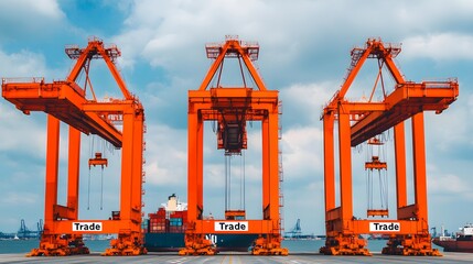 Three large orange cranes stand over a cargo ship, symbolizing trade and maritime activities against a cloudy sky.